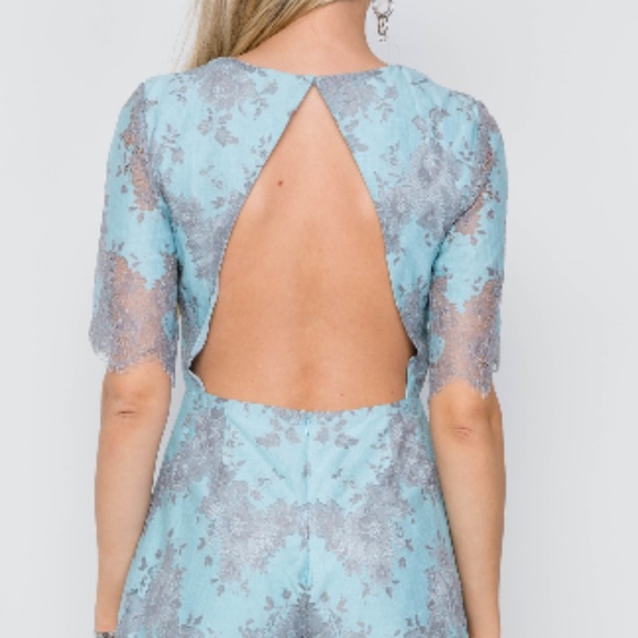 Sky Blue Deep V-Neck Lace Open Back Romper - Picture 2 of 2